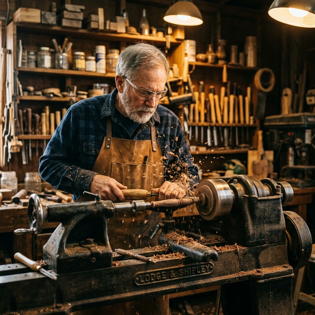 Woodturning craftsman at a lathe shaping a pen body out of raw wood block