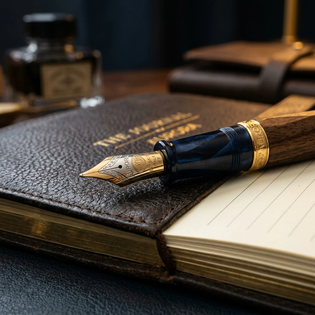 Macro close-up photography of a luxury bespoke fountain pen nib, resin and wood details, resting on a leather notebook