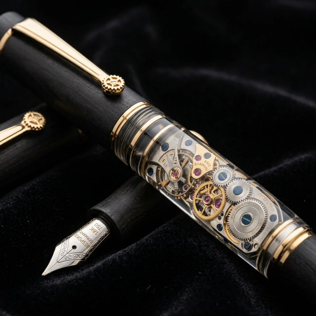 Close-up of handmade watch-part resin pen highlighting mechanical gears